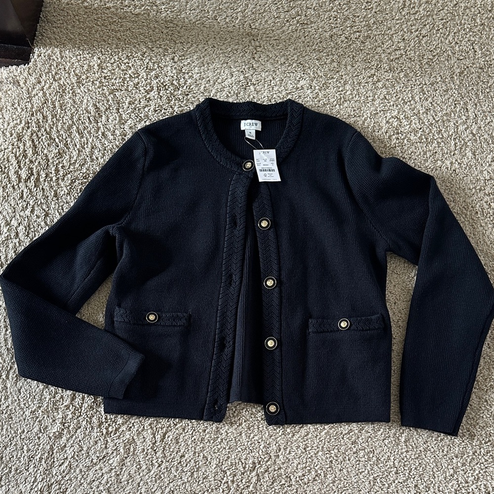 J. Crew NWT Women’s Navy Braided-Trim Knit Cardigan with Gold Buttons